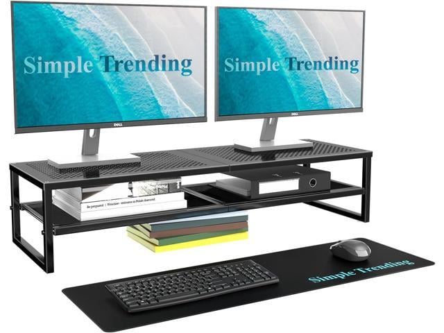 Simple Trending 2 Tier Metal Dual Monitor Stand Riser with 32'x10' Mouse Pad, Computer Desk Organizer for 2 Monitors, Laptop, Printer, TV, Black