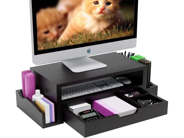 Simple Trending Monitor Stand Riser and Computer Wood Desk Organizer with Drawer and Pen Holder for Laptop, Computer, iMac, Black