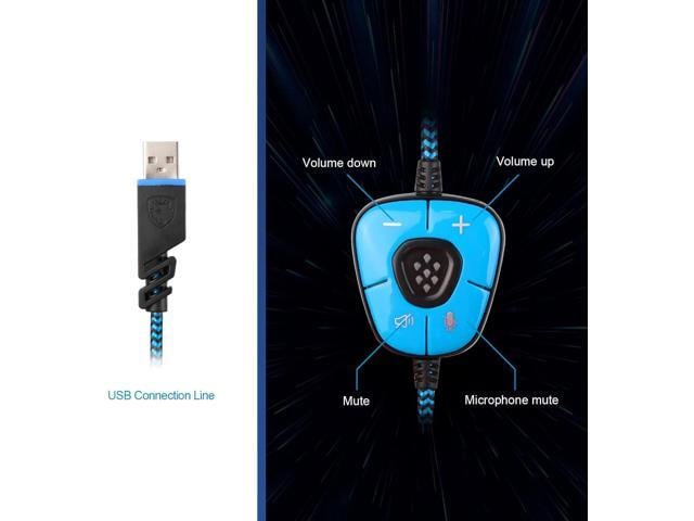 SADES SA902 Stereo Gaming Headset 7.1 USB Surround Sound PC Headsets Over-Ear Gaming Headphones with Microphone LED Light Black Blue