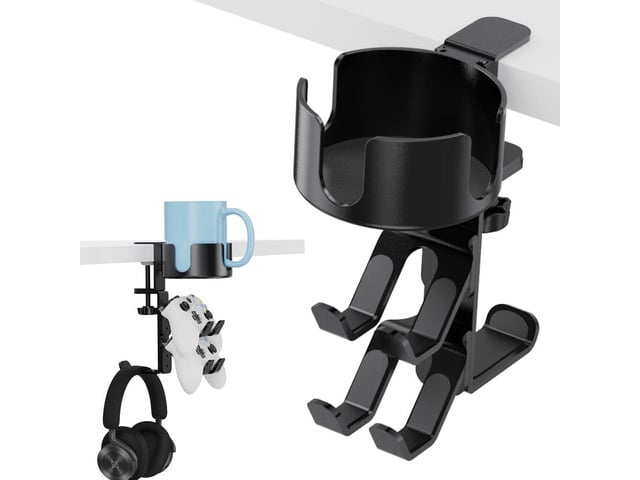 360° Rotating Controller Headphone Holder - Larger Desk Cup Holder with Adjustable Headset Hanger Controller Stand Clamp On Desk Organizer ...