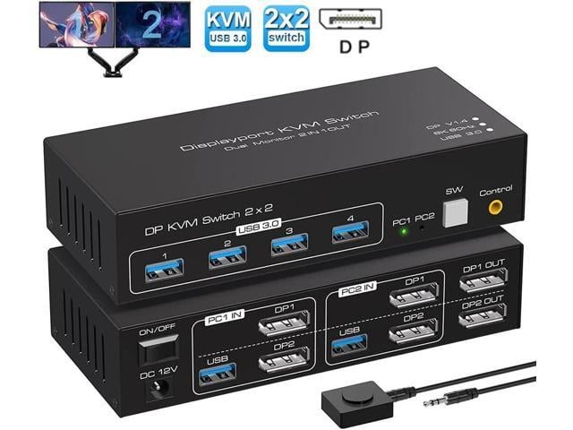 2 Port Dual Monitor Displayport KVM Switch for 2 Computers 2 Monitors Share Keyboard Mouse Printer, Displayport1.4 USB3.0 KVM Switch Support 4K...