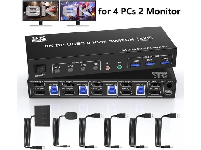 4 Port 8K Displayport USB 3.0 KVM Switch 2 Monitors for 4 Computers 2 Monitors, DP1.4 Display Port KVM Switch with Audio Microphone Output and 3...