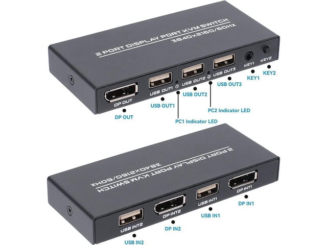 DisplayPort KVM Switch 2 Ports, USB Switch Share Monitor Keyboard and Mouse for Laptop, DP Display Port KVM Switcher Support 4K @60Hz, with 2...