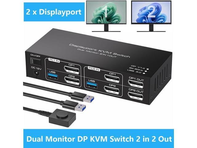USB 3.0 Displayport KVM Switch 2 Monitors 2 Computers 8K@60Hz 4K@144Hz, Dual Monitor Displayport 1.4 KVM Switches with 4 USB 3.0 Ports, 2 in 2 Out...