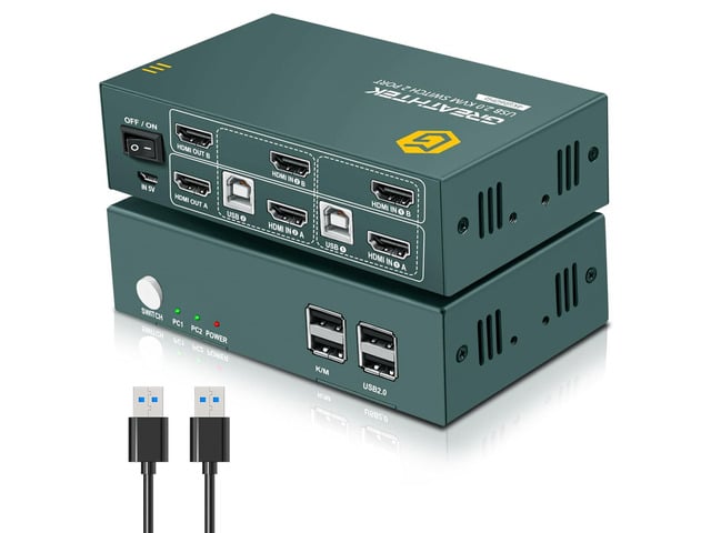 HDMI KVM Switch 2 Monitors 2 Computers 4K@60Hz, USB2.0 KVM Switch Dual Monitor Sharing Keyboard and Mouse, Printer/Scanner, Dual Monitor KVM Switch...