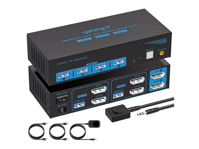 4K@144Hz Displayport KVM Switch 2 Monitors 2 Computers USB3.0 KVM Switch Dual Monitor for 2 Computers Share 2 Monitors and 4 USB Devices Support...