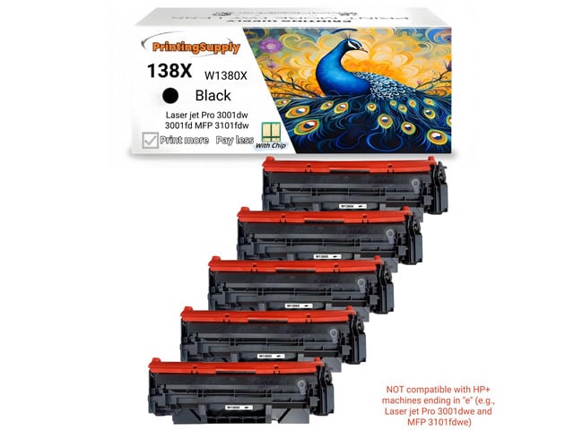 HP 5 Pack 138X W1380X High Yield Black Toner Cartridge Compatible for HP 138X Laser jet Pro 3001dw Laser jet Pro 3001fdw Laser jet Pro MFP 3101fdw...