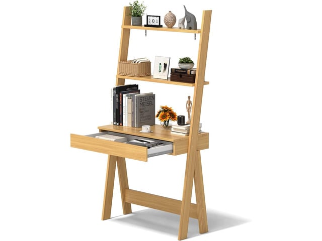 Tangkula Ladder Desk with Countertop & Drawer, Freestanding 2-Tier Ladder Shelf Desk, Modern Computer Desk Laptop Table with Storage Bookshelf,...