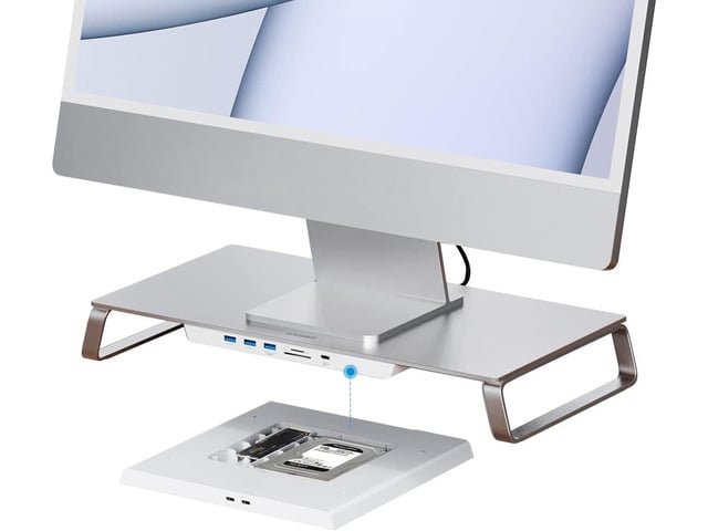 Apple USB-C Hub with Dual Hard Drive Enclosure & Monitor Stand Riser for iMac 2021, Mac Mini M1, MacBook Pro PC Laptop Computer Dock with M.2 NVMe NGFF,...