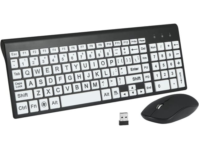 Full Size Large Print 2.4g Wireless Keyboard and Mouse with Oversized Print for Kids Visually Impaired Low Vision Individuals (Black)