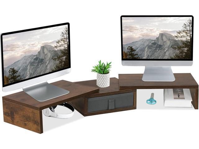 TEAMIX 3 Shelf Monitor Stand Riser With Drawer - Length and Angle Adjustable Dual Riser With Storage Corner Desk Shelf Organizer Large Computer...
