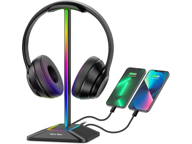 New bee RGB Headphone Stand with 1 USB-C Charging Port and 1 USB Charging Port, Desk Gaming Headset Stand with 7 Light Modes for All Earphone...