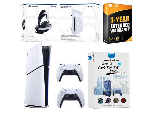 Sony PlayStation 5 Slim Digital Bundle with Disc Drive, Extra Controller, Pulse Elite Headset, MightySkins Voucher and 1 Year Extended Warranty -...