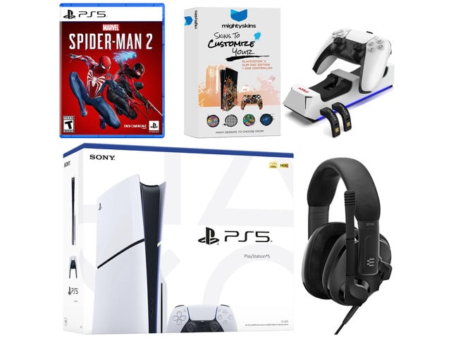 Sony PlayStation 5 Slim Disc Bundle with Spider-Man 2, EPOS Headset, Charging Dock and MightySkins Code