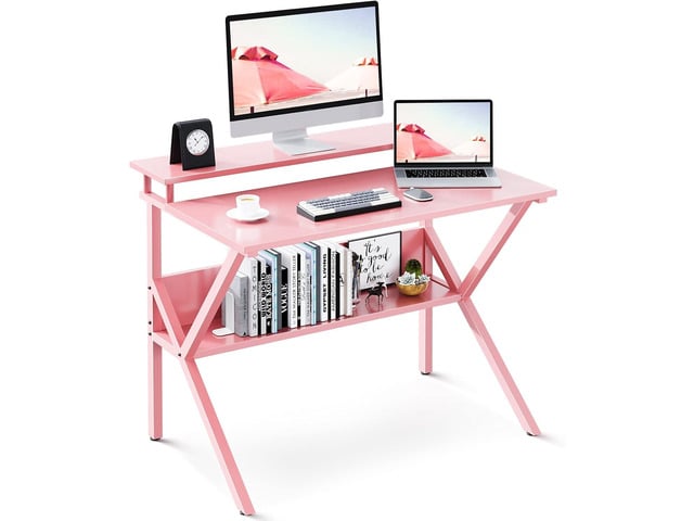 ODK Small Desk, 27.5 Inch Computer Desk for Small Spaces, Kids Desk with Storage, Study Table with Monitor Stand for Homeschool, Pink