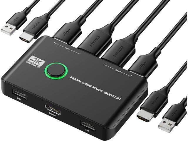4K KVM Switch HDMI 2 Port Box, USB HDMI KVM Switches for 2 Computers Share Keyboard Mouse Printer and one HD Monitor, Support UHD 4K@60Hz, with 2...