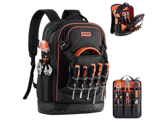 Tool Backpack, 65 Pockets, Heavy-duty Tools Storage Organizer Work Bags with Laptop Compartment & Molded Base, Electrician Jobsite Backpack for...