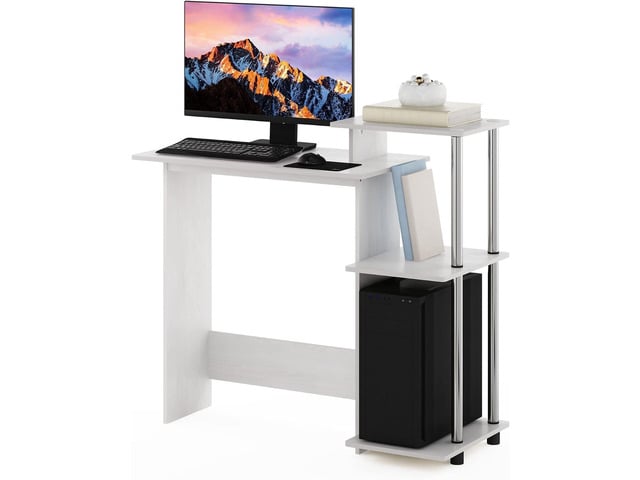 Furinno Efficient Home Laptop Notebook Computer Desk with Square Shelves, Side, White Oak/Chrome