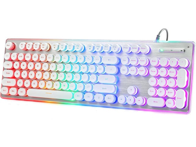 Typewriter Style Keyboard with Metal Panel, Rainbow LED Backlit, Round Keys, Anti-ghosting, Spill Resistant, Light Up USB Wired Retro 104 Keys for...