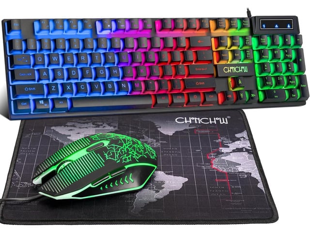 CHONCHOW Gaming Keyboard and Mouse Led Backlit USB Wired with Light Up 104Key 3600DPI 2 Side Button Mouse Keyboard Mechanical Feeling Compatible...