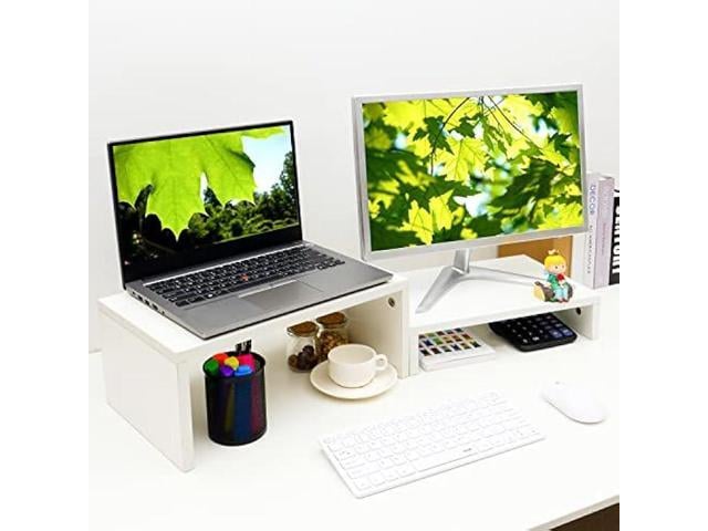 TEAMIX Adjustable White Monitor Stand Riser-2 Pack,Wood 2 Tier Adjustable Monitor Stand Dual Monitor Riser for 2 Monitors/Laptop/PC Computer Stand...
