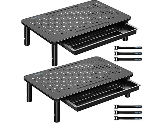 BONTEC 2 Pack Monitor Stand Riser with Drawer, 3 Height Adjustable PC Monitor Riser for Desk with Mesh Platform for Laptop, Computer, iMac, PC,...