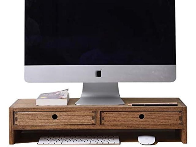 KIRIGEN Wood Monitor Stand with 2 Drawers - Computer Arm Riser Desk Storage Organizer,Speaker TV Laptop Printer Stand with Pen Slot and Cable...