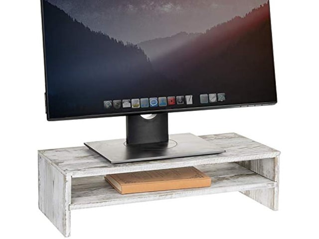 MyGift Shabby Whitewashed Wood Computer Monitor and Laptop Riser Stand for Desk, 2 Tier Office Desktop Storage Shelf