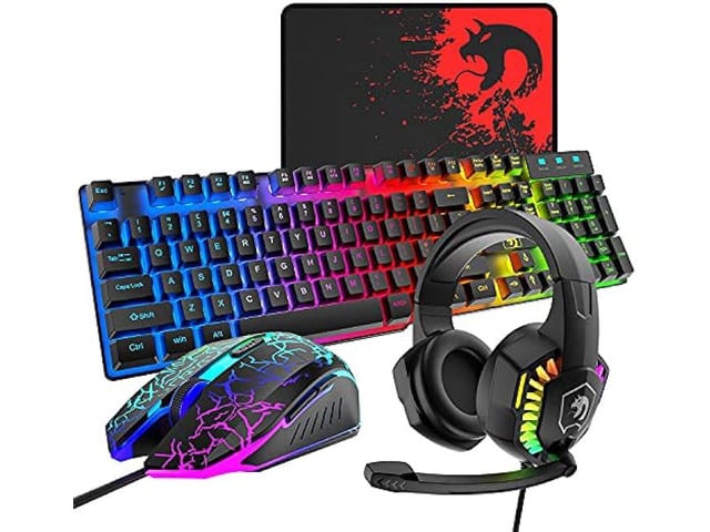Wired Gaming Keyboard and Mouse Headset Combo,Rainbow LED Backlit Wired Keyboard,Over Ear Headphone with Mic,Rainbow Backlit Gaming Mice,Mouse...