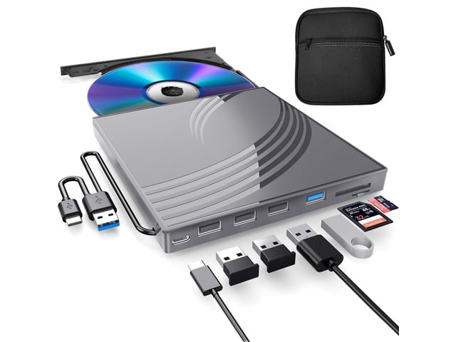 KEHIPI External CD/DVD Drive for Laptop, Ultra Slim CD Burner USB 3.0 Hub with 4 USB Ports, 2 TF/SD Card Slots, 1 Type-C Port, Laptop DVD Player...