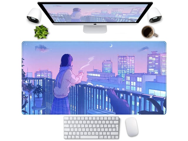KEHIPI Purple Anime Kawaii Desk Mat Mousepad Cute Cat XXL Large Gaming Japanese Girly Aesthetic Mouse Pad Tokyo Street Desk Mat 31.5x15.75 in, Girl...