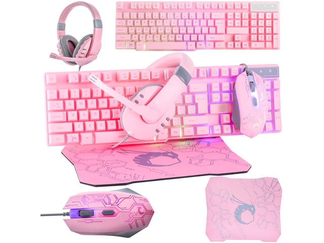Pink Gaming Keyboard and Mouse Headset Headphones and Mouse pad, Wired LED RGB Backlight Bundle Pink PC Accessories for Gamers and Xbox and PS4 PS5...