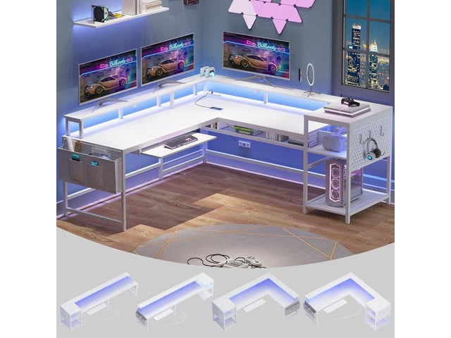 SEDETA L Shaped Gaming Desk, Reversible Computer Desk, Gaming Desk with Power Outlets & LED Strip, Monitor Shelf, Keyboard Tray, Pegboard and...