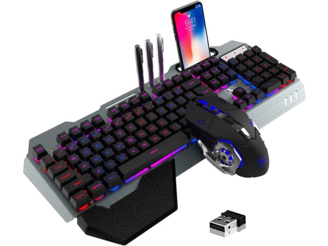 Wireless Gaming Keyboard and Mouse Combo,Rainbow LED Backlit Keyboard with Rechargeable 3800mAh Battery Metal Panel,Removable Wrist Rest Mechanical...