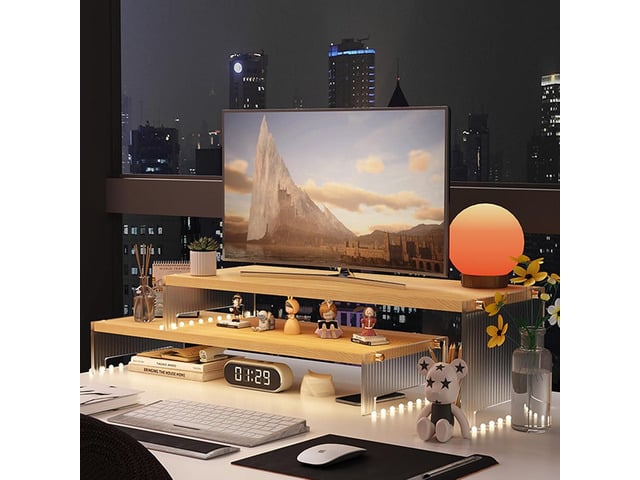 YGYQZ Wood Adjustable Monitor Riser for Desk, 2 Tier Dual Monitor Stand with Acrylic Legs Office Desk Shelf Organizer for Laptop, PC, Printer,...