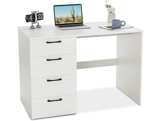 Tangkula White Desk with 4 Storage Drawers, Home Office Writing Desk, Modern Executive Desk, Laptop PC Desk, Vanity Makeup Table, Computer...