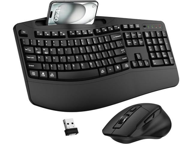 Wireless Keyboard and Mouse Combo, 2.4G Full Size Wave Keys Ergonomic Keyboard with Wrist Rest, Phone Holder, 3-Level DPI Adjustable Wireless...