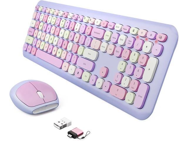 Wireless Keyboard and Mouse Combo, Colorful Ergonomic Full Size Retro Low-Noise Keyboard with Cute keycaps, Compatible with Windows, PC, Perfer for...