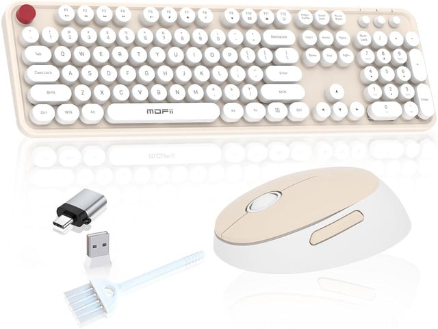 Cream Wireless Keyboard Mouse, COOFUN 104 Keys Full Size White Keyboard Ergonomic Cordless Keyboards Cute Colorful Retro Typewriter Key Board for...
