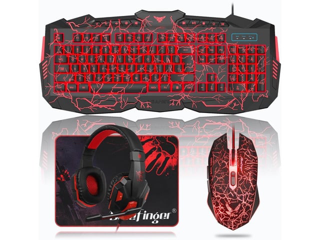 BlueFinger Gaming Keyboard Mouse Headset Combo, USB Wired Crack Backlit,114 Keys Letters Glow LED Keyboard, Red LED Light Headset for Laptop PC...