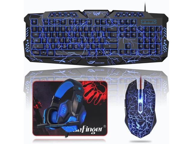 BlueFinger Backlit Gaming Keyboard, Mouse and LED Headset Combo - USB Wired 3 Color Crack Backlit, Blue LED Light Headset - Set for Work and Game