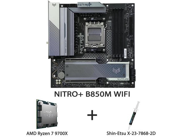 AMD Sapphire NITRO+ B850M WIFI AM5 mATX Motherboard + AMD Ryzen 7 9700X 8-Core 16-Thread Zen5 Processor Combo, 12+2+1 Power Stage, PCIe 5.0 M.2, WiFi...
