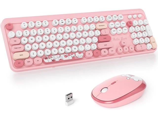 Fogruaden Wireless Keyboard and Mouse Combo, Pink Retro Typewriter Keyboard, 2.4GHz Full Size Round Keycap Cute Computer Keyboard with Number Pad,...
