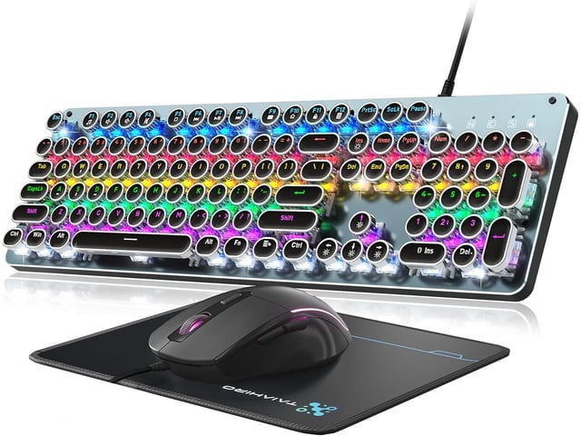 Typewriter Style Mechanical Gaming Keyboard Blue Switch, Rainbow LED Backlit Wired Computer Keyboards Mouse and Pad Combo, Metal Panel Retro Punk...