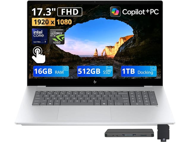 HP OmniBook X 17.3' FHD Touchscreen AI Laptop, Intel Ultra 7 256V, 16GB DDR5, 1.5TB Storage (512GB SSD+1TB Docking Station), GeForce RTX 4050,...