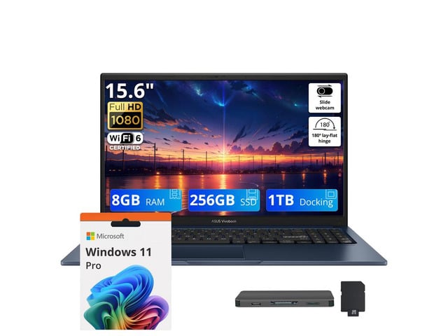 ASUS Vivobook 15.6' FHD Laptop, Intel Core 3 100U, 8GB DDR5, 1.25TB Storage (256GB SSD + 1TB Docking Station Set), Intel Graphics, Number Pad, 720p...