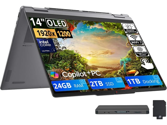 Lenovo Yoga 7i 2-in-1 14' 2K OLED Touchscreen AI Laptop, Intel Core Ultra 7 355, 24GB LPDDR5X, 3TB Storage (2TB SSD+1TB Docking Station), Backlit...