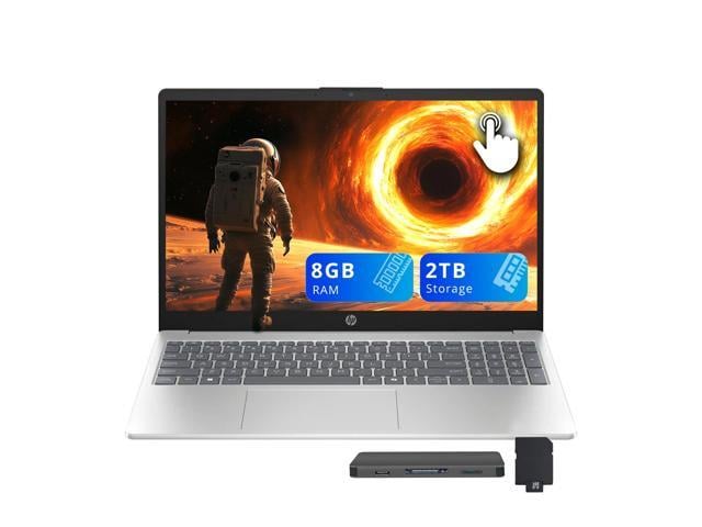 HP 15.6' FHD Touchscreen Laptop, AMD Ryzen 5 7520U, 8GB LPDDR5, 2TB Storage (1TB SSD+1TB Docking Station Set), AMD Radeon Graphics, Full-Size...