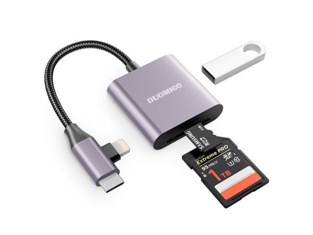 Duomigo 3-in-2 USB C SD TF Card Reader for iPhone/iPad/Mac/Laptop, Dual Connector Memory Card Adapter with USB OTG, Plug and Play