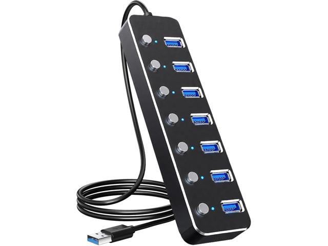 USB 3.0 Hub 7 Port USB Hub with 2ft Long Cable Aluminum USB Hub for Laptop and PC with Individual On/Off Switch and LED Indicator